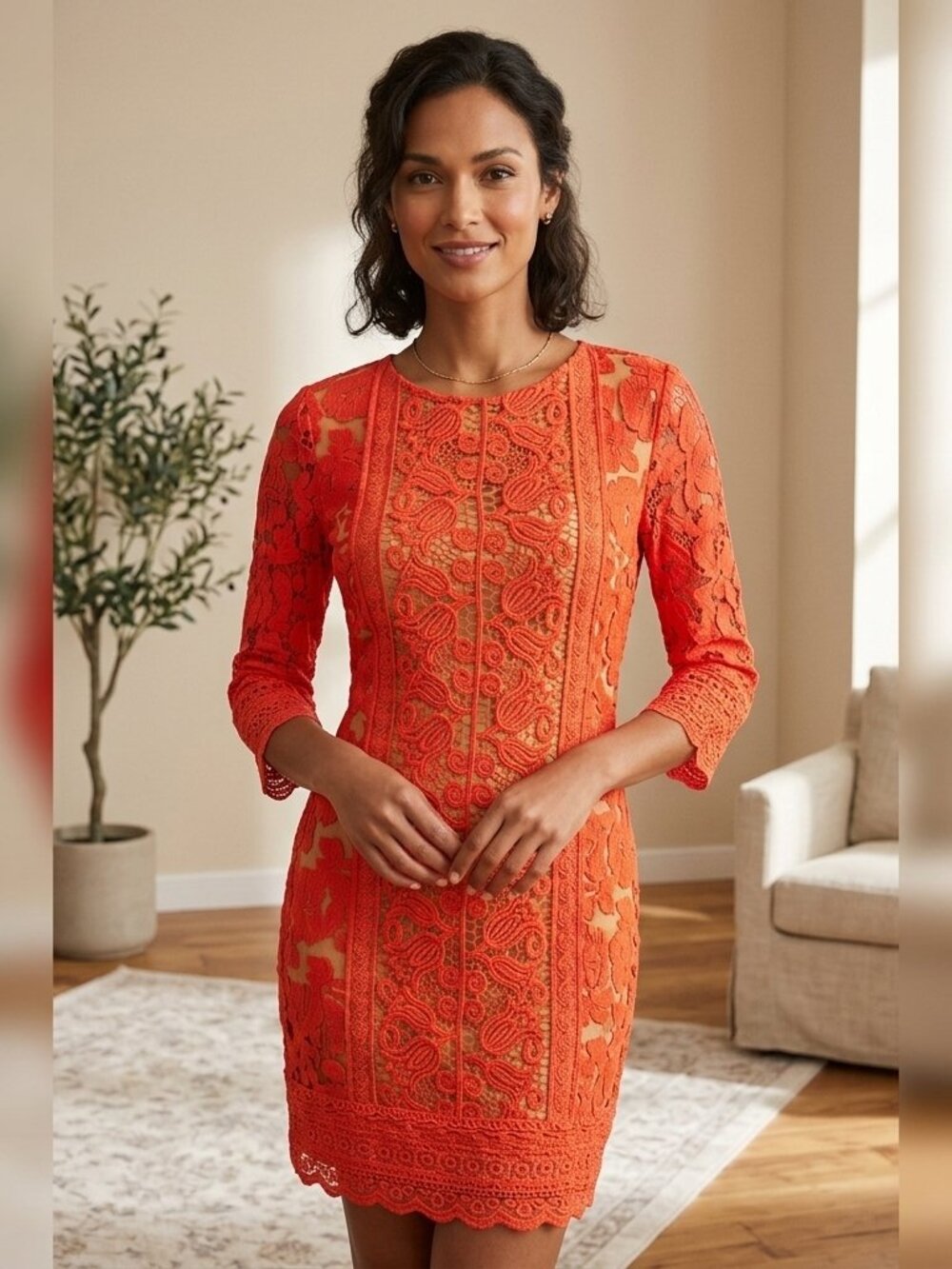 Anthropologie Champagne & Strawberry Coral Lace Dress